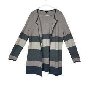 Talbots women's medium merino wool cardigan open front striped tan gray cream